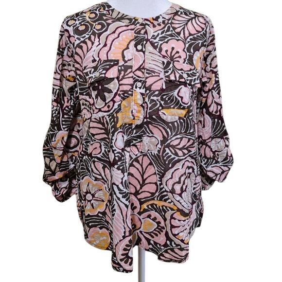 LOFT Outlet Womens Top Sz S Pink Floral Tropical Long Sleeve button up Blouse - Picture 1 of 7